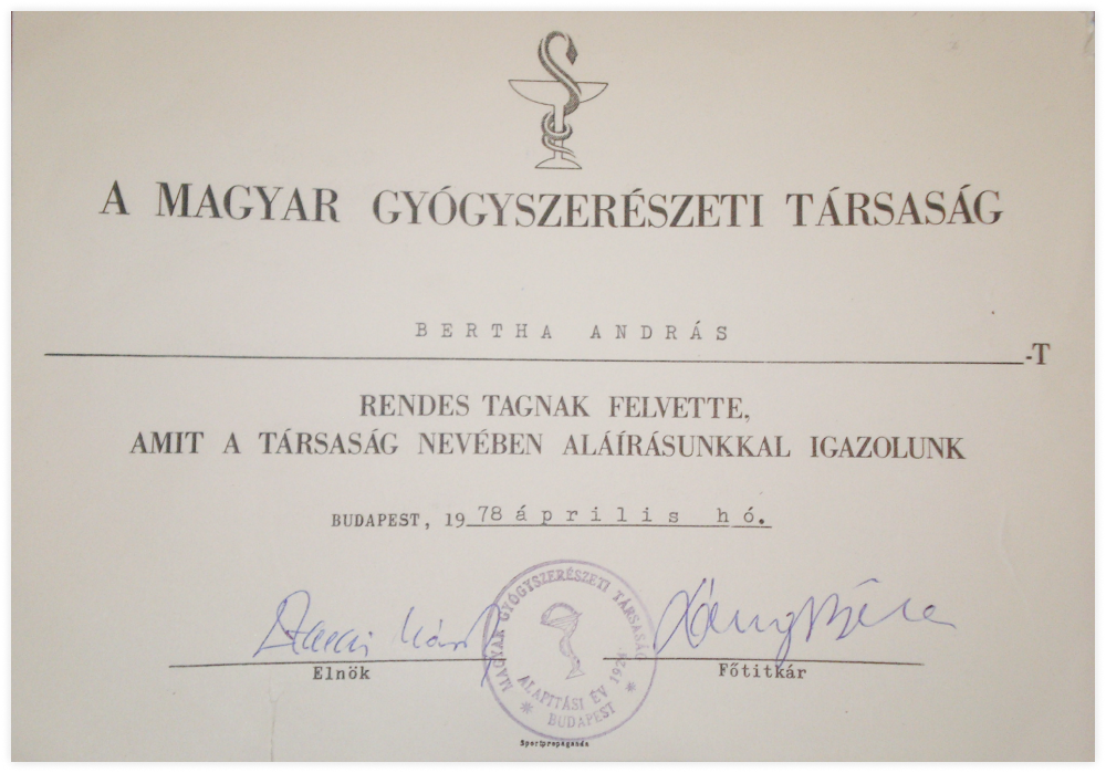 A magyar gyógyszerészeti társaság rendes tagja, Budapest, 1978