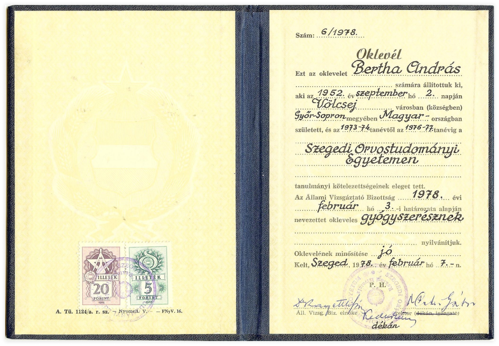 Gyógyszerész diploma, Szegedi Orvostudományi Egyetem, Szeged, 1978