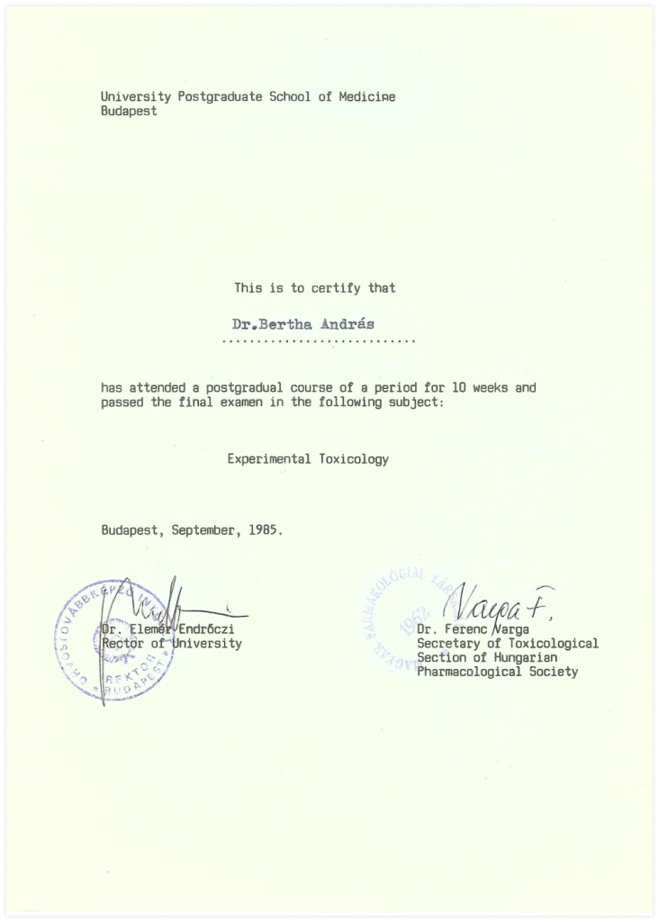 Kísérleti toxikológiai diploma, Orvostovábbképző Egyetem, Budapest, 1985